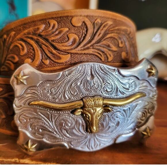 NWT Justin’s Western Kids Leather Belt Silver Longhorn Steer Belt Buckle 24” - Picture 1 of 5